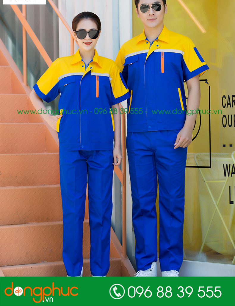 Mẫu bảo hộ màu xanh phối vàng cộc tay